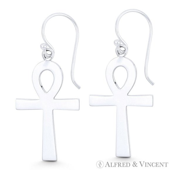 Egyptian Ankh Cross "Key-of-Life" Earrings in .925 Sterling Silver - Picture 1 of 1